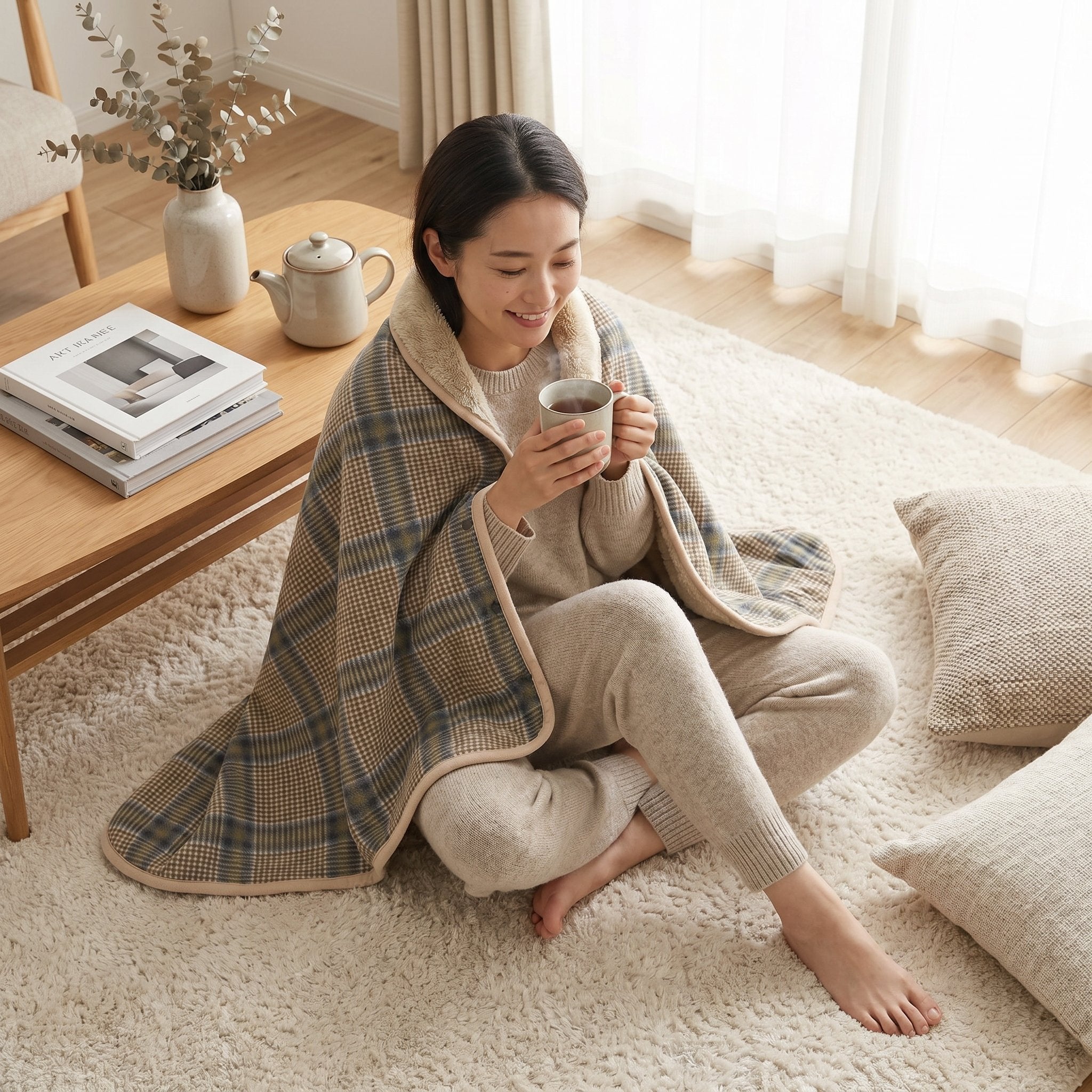 Poncho plaid · Carreaux beiges, porté par une femme assise en tailleur sur un tapis, buvant une tasse.