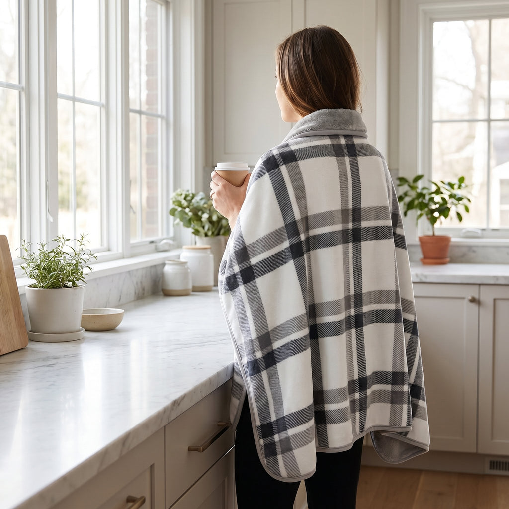 Poncho plaid à carreaux blancs porté de dos par une femme regardant par la fenêtre d'une cuisine lumineuse.