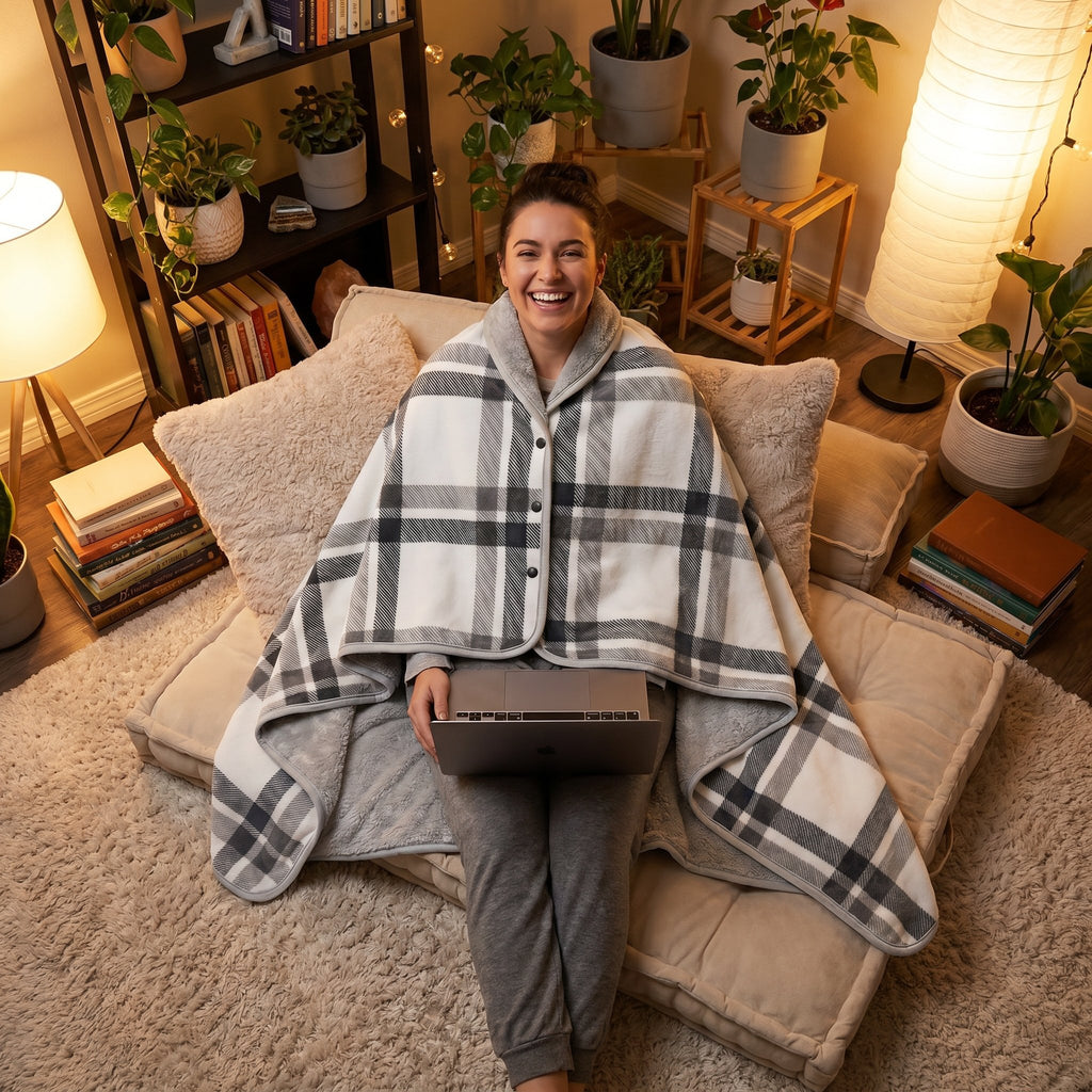 Poncho plaid à carreaux blancs porté par une femme souriante assise sur des coussins avec un ordinateur portable.