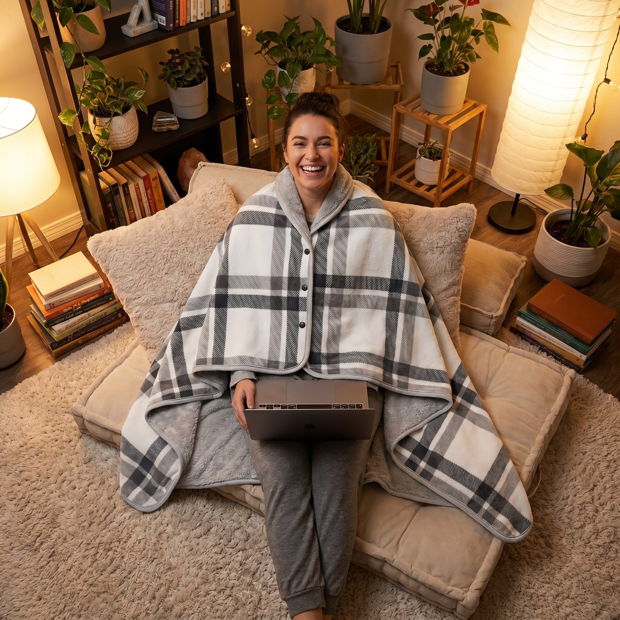 Poncho plaid à carreaux blancs porté par une femme souriante assise sur des coussins avec un ordinateur portable.