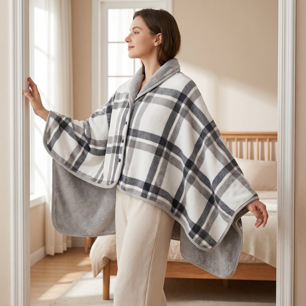 Poncho plaid à carreaux blancs porté par une femme debout de profil, dans l'encadrement d'une porte de chambre.