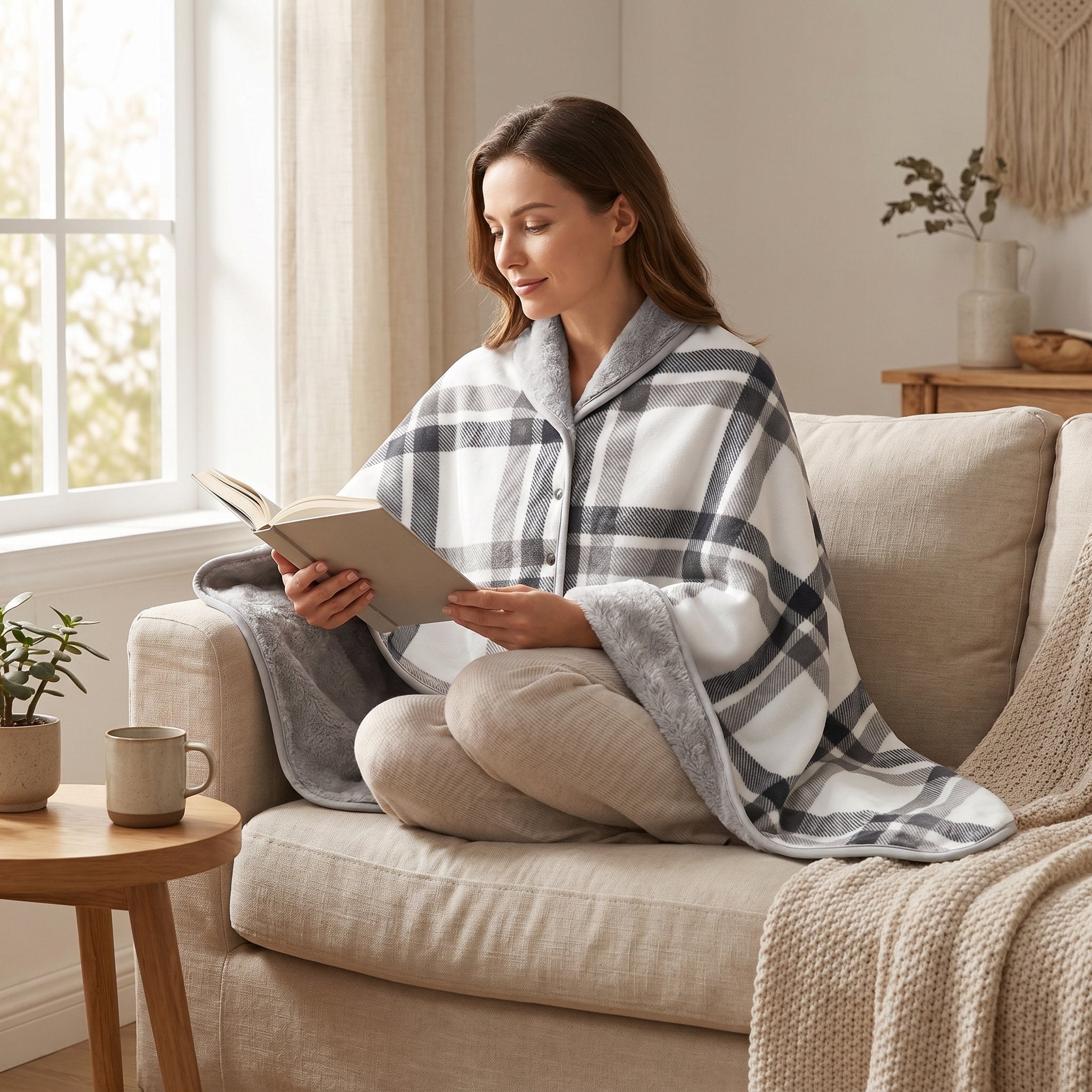 Poncho plaid à carreaux blancs porté par une femme assise confortablement sur un canapé, lisant un livre.