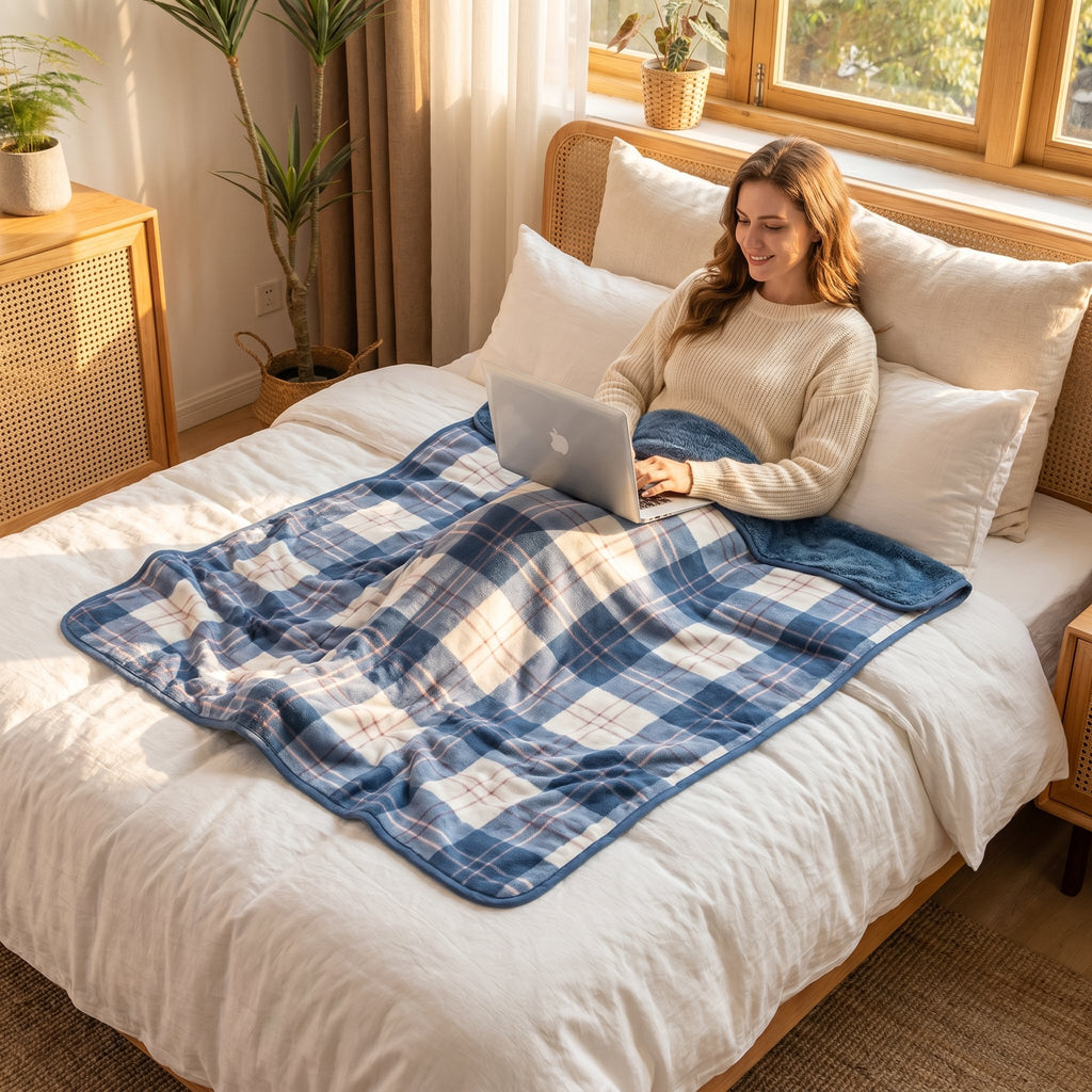 Poncho plaid à carreaux bleu ciel utilisé comme couverture par une femme travaillant sur un ordinateur portable au lit.