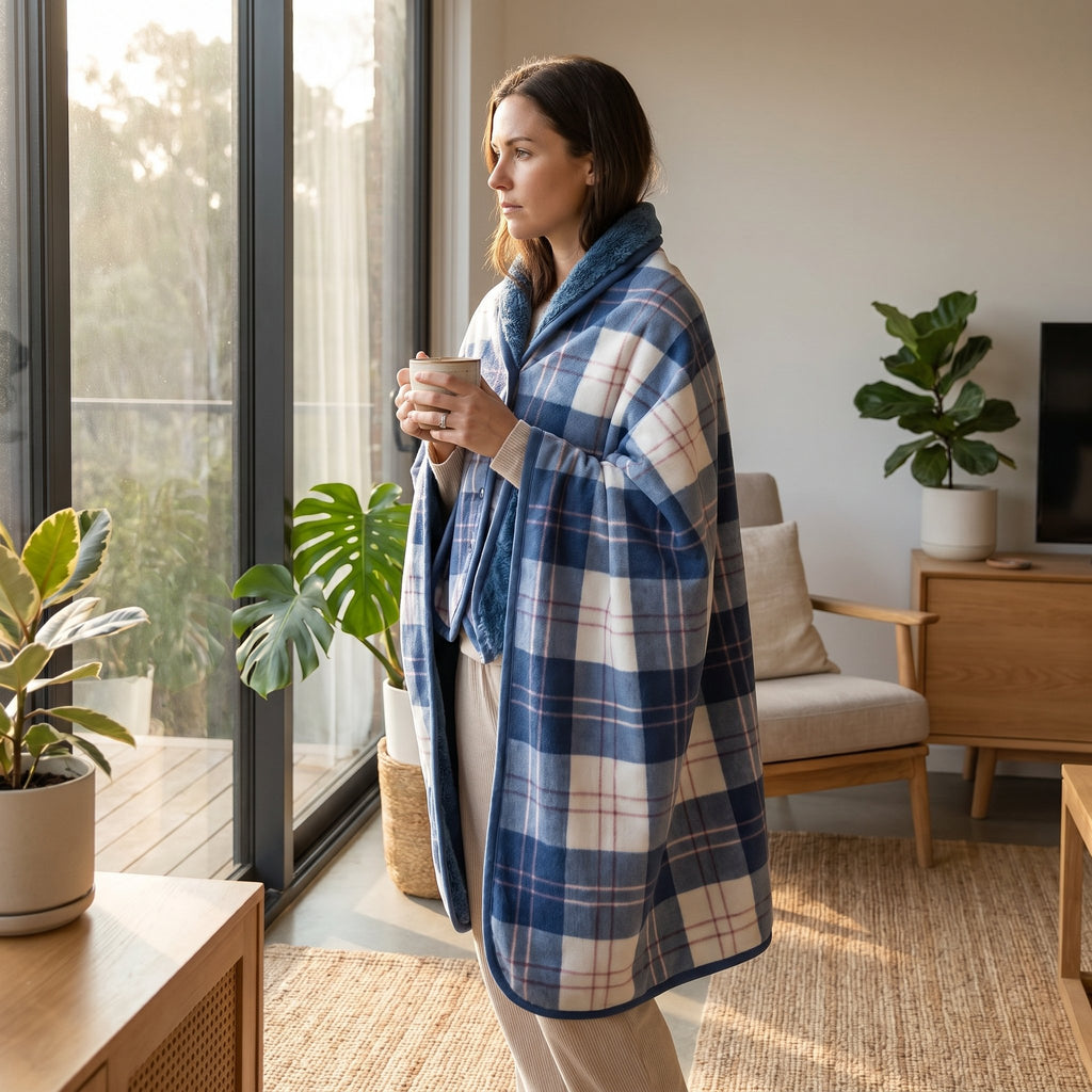 Poncho plaid à carreaux bleu ciel porté par une femme debout, regardant pensivement par une grande fenêtre.