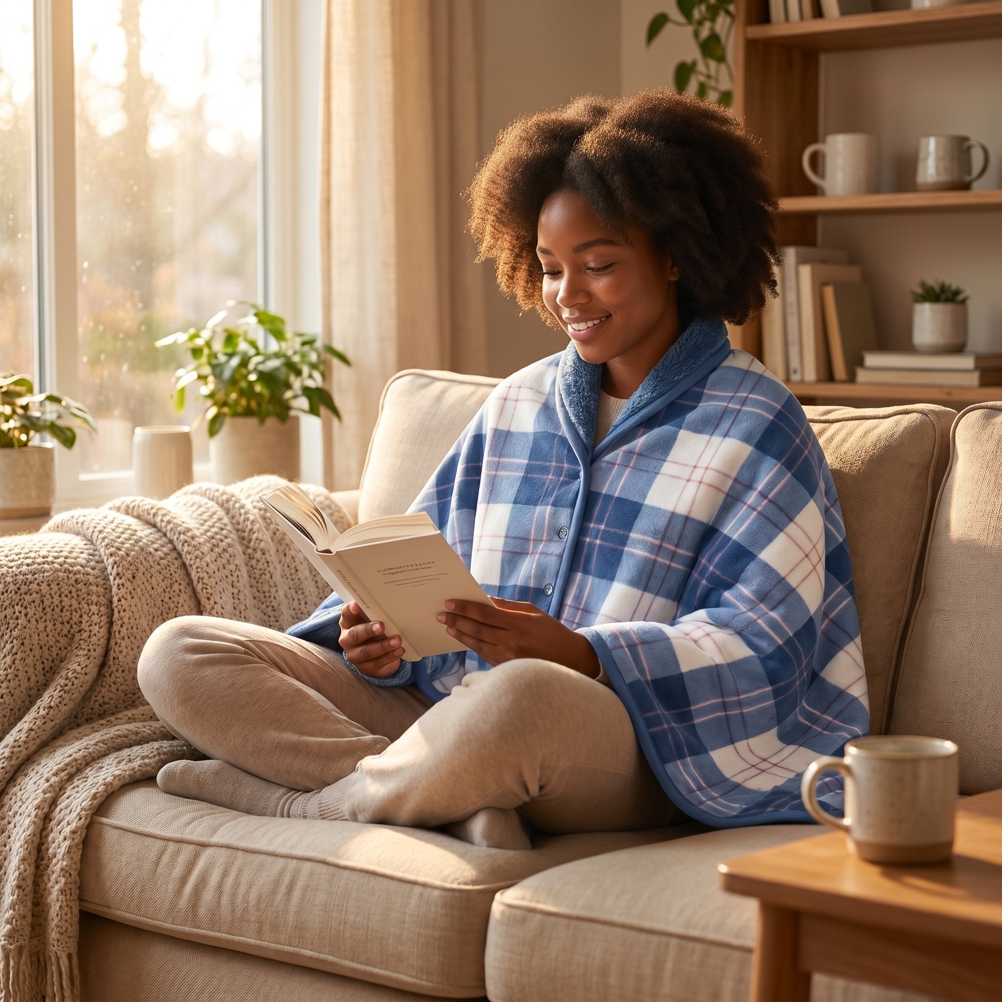 Poncho plaid à carreaux bleus porté par une femme souriante lisant un livre sur un canapé.