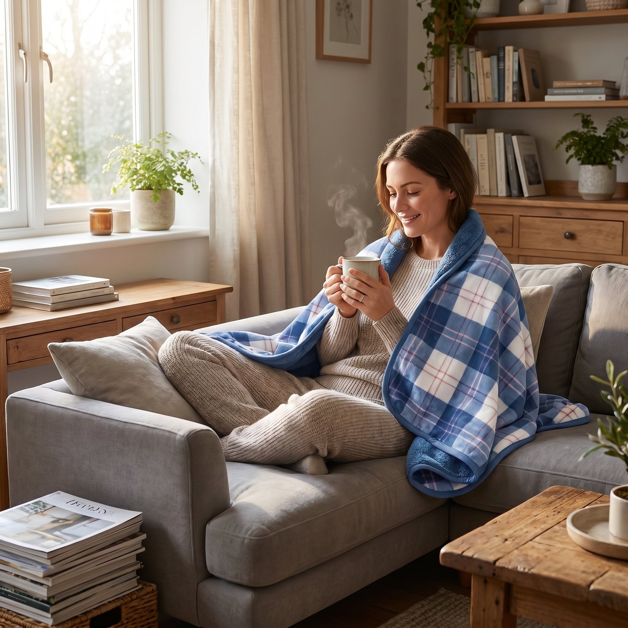 Poncho plaid à carreaux bleus couvrant une femme assise sur un canapé, tenant une tasse fumante.