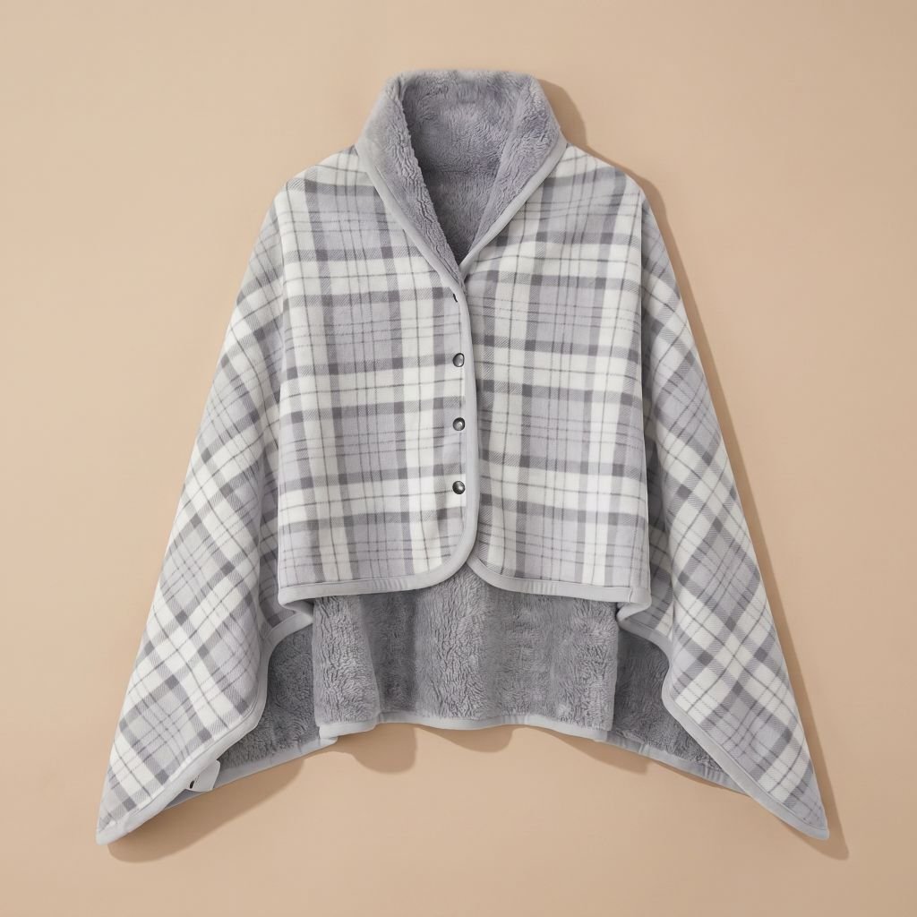 Poncho plaid à carreaux gris, présenté à plat pour montrer son motif et son côté réversible.
