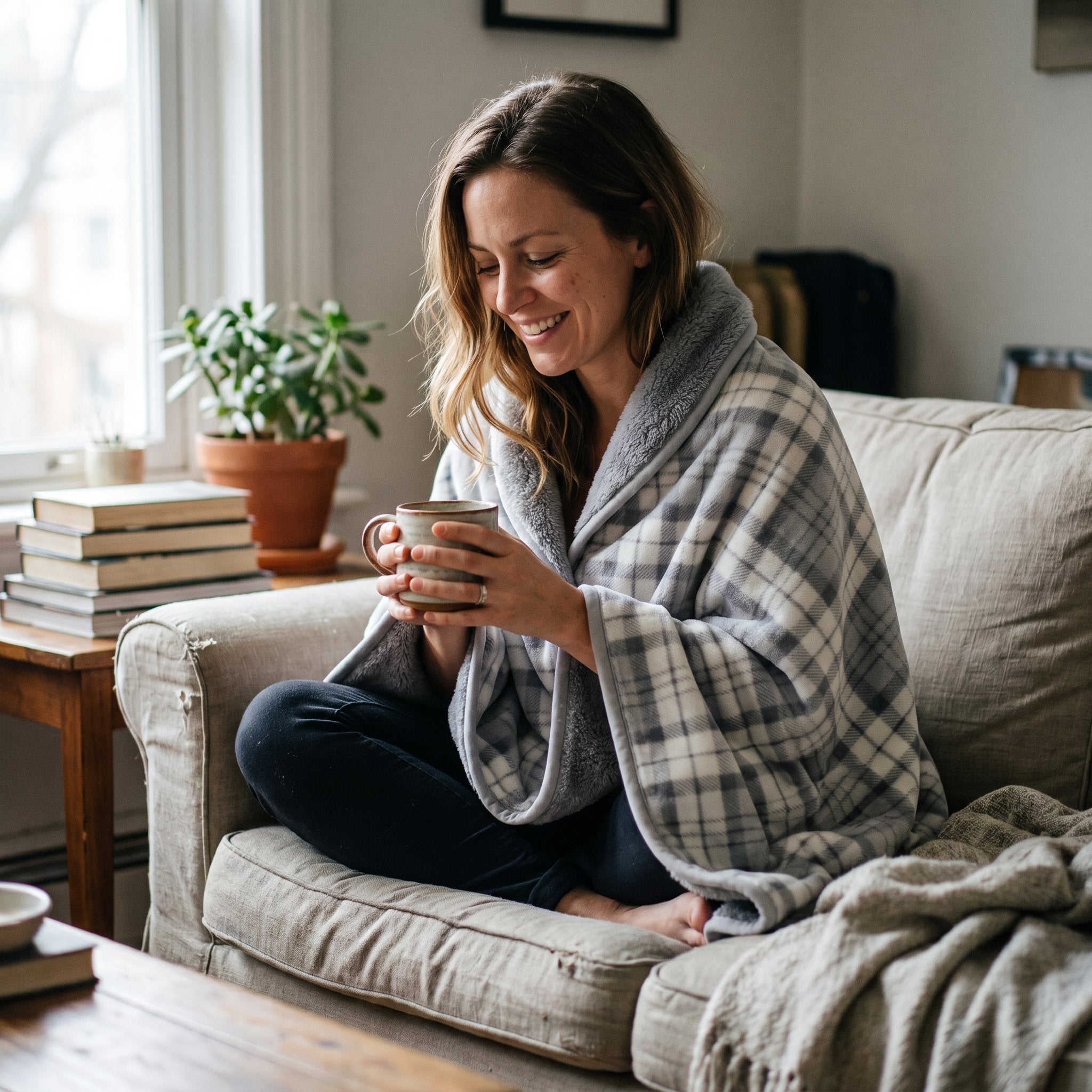 Poncho plaid à carreaux gris, porté par une femme souriante assise sur un canapé avec une tasse.