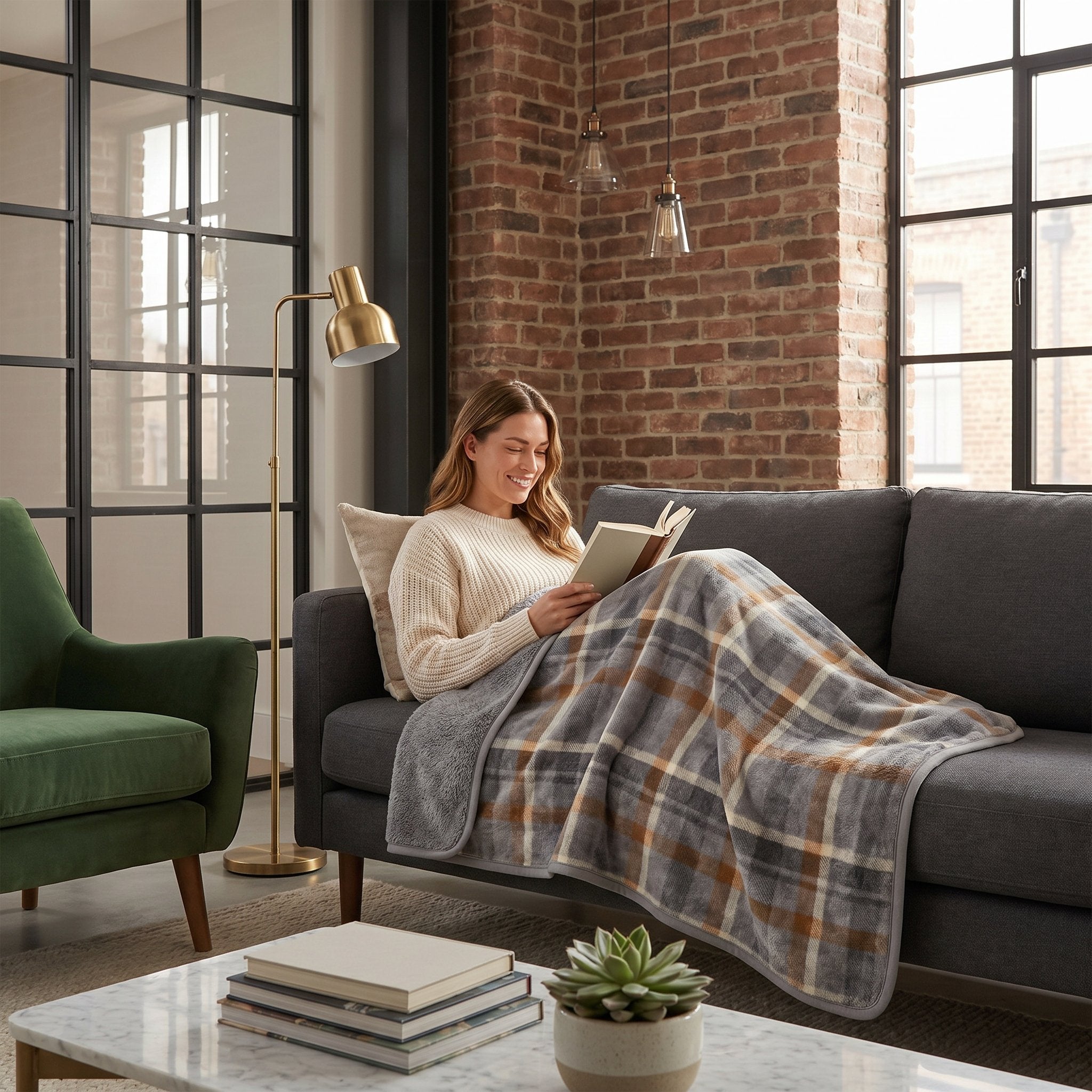 Poncho plaid à carreaux gris et brun utilisé comme couverture par une femme lisant sur un canapé.
