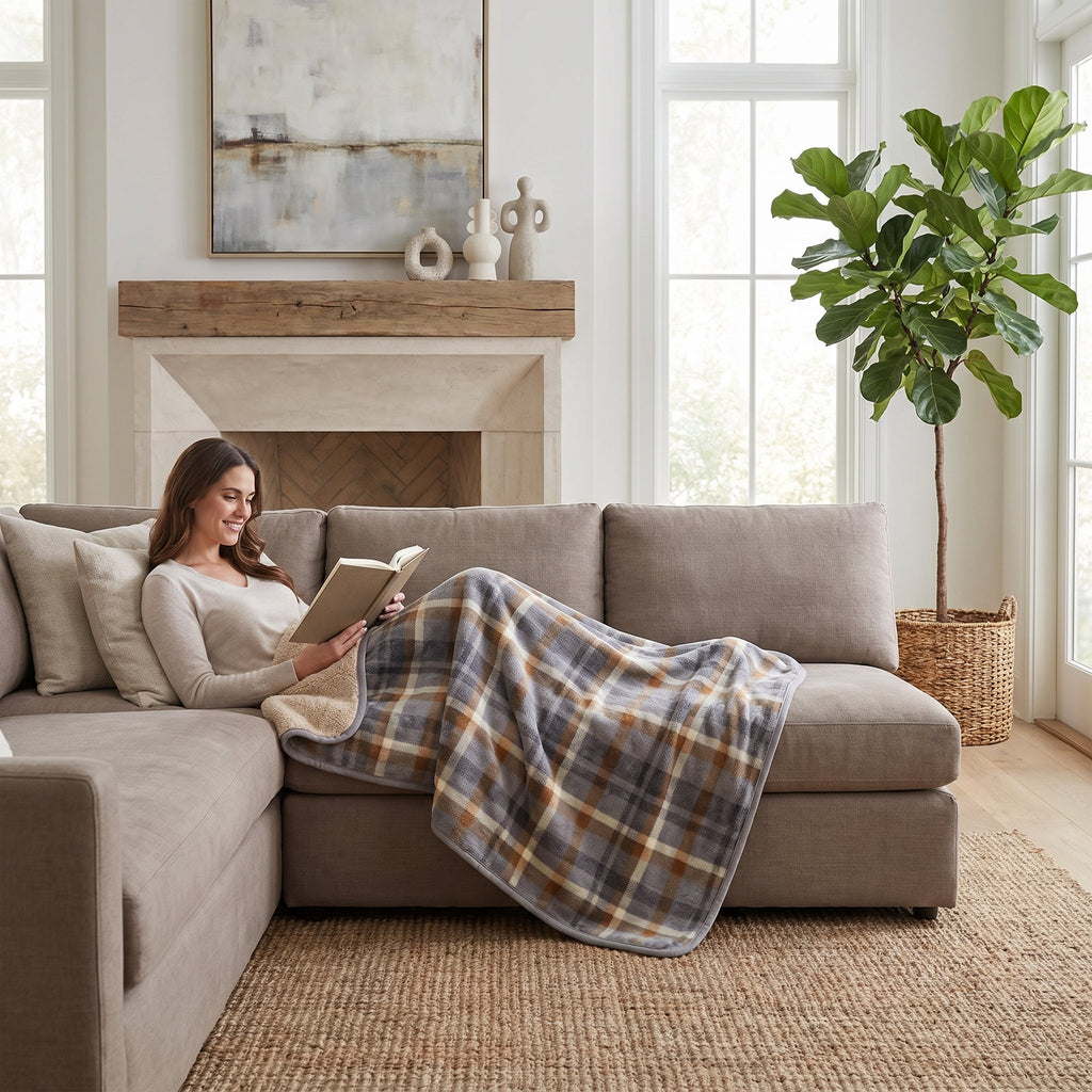 Poncho plaid à carreaux gris et brun porté comme couverture par une femme détendue sur un grand canapé.