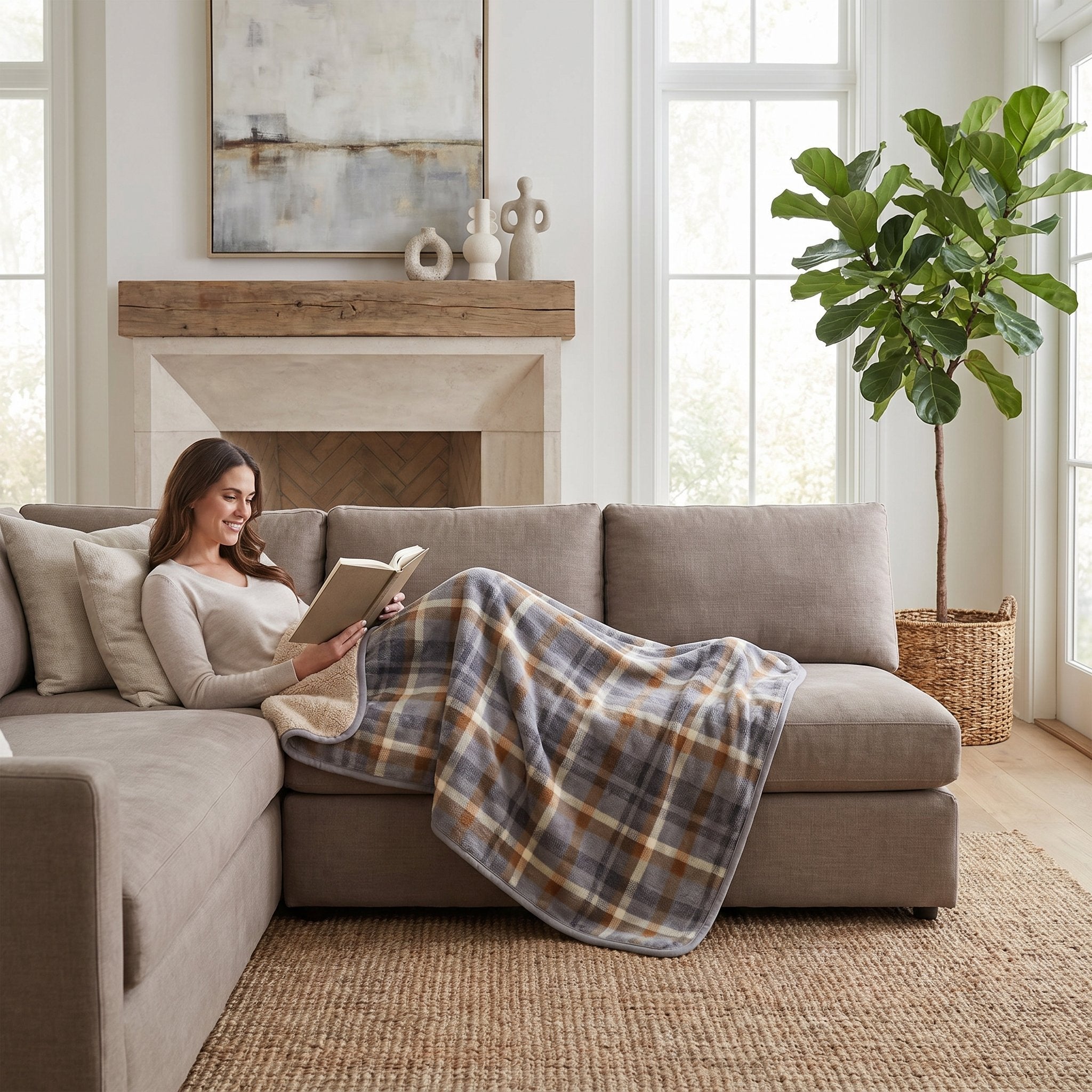 Poncho plaid à carreaux gris et brun porté comme couverture par une femme détendue sur un grand canapé.