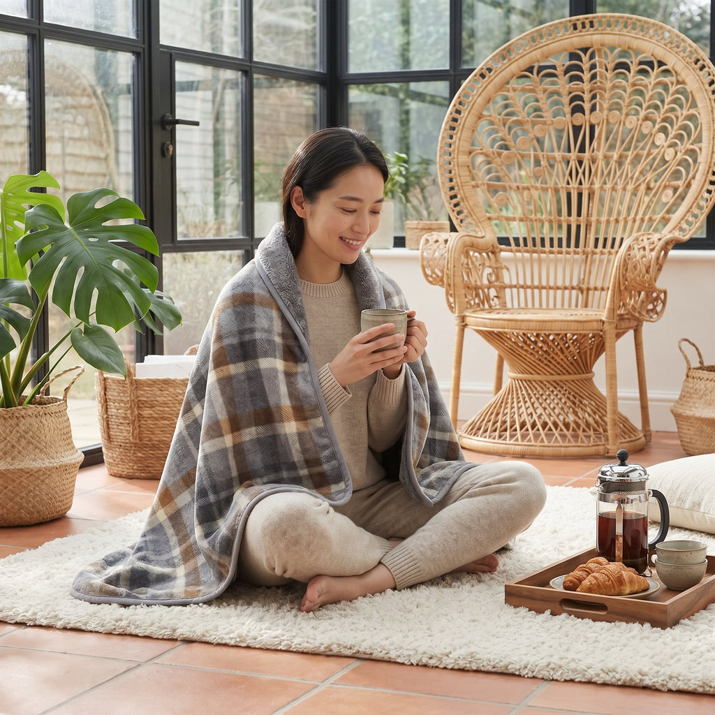 Poncho plaid à carreaux gris et brun enveloppant une femme assise au sol, buvant une boisson chaude.