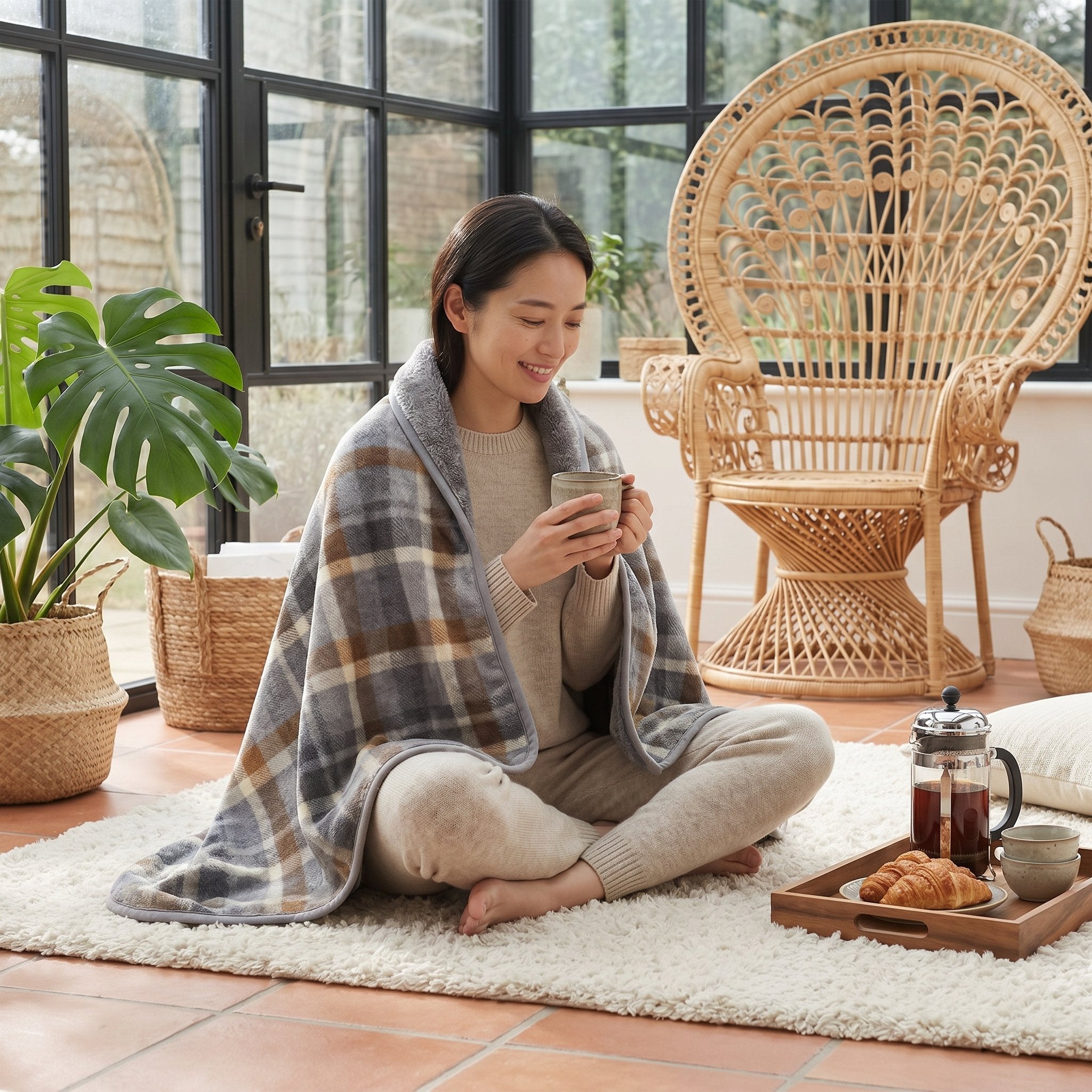 Poncho plaid à carreaux gris et brun enveloppant une femme assise au sol, buvant une boisson chaude.