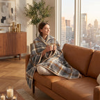 Poncho plaid à carreaux gris et brun porté par une femme assise sur un canapé en cuir, regardant par la fenêtre.