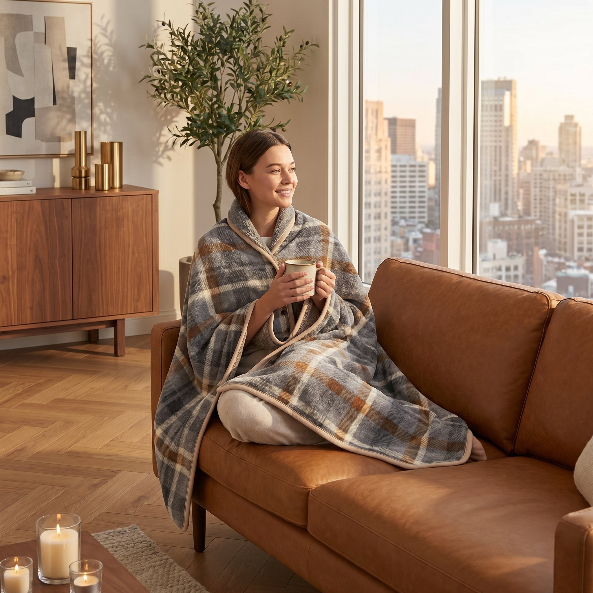 Poncho plaid à carreaux gris et brun porté par une femme assise sur un canapé en cuir, regardant par la fenêtre.