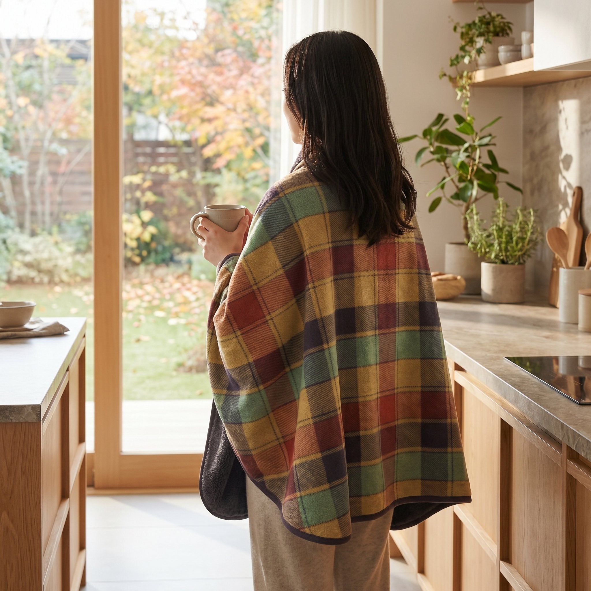 Poncho plaid à carreaux multicolores, porté par une femme de dos dans une cuisine lumineuse.