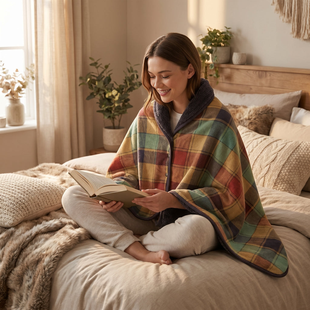 Poncho plaid à carreaux multicolores, porté par une femme souriante lisant un livre sur un lit douillet.