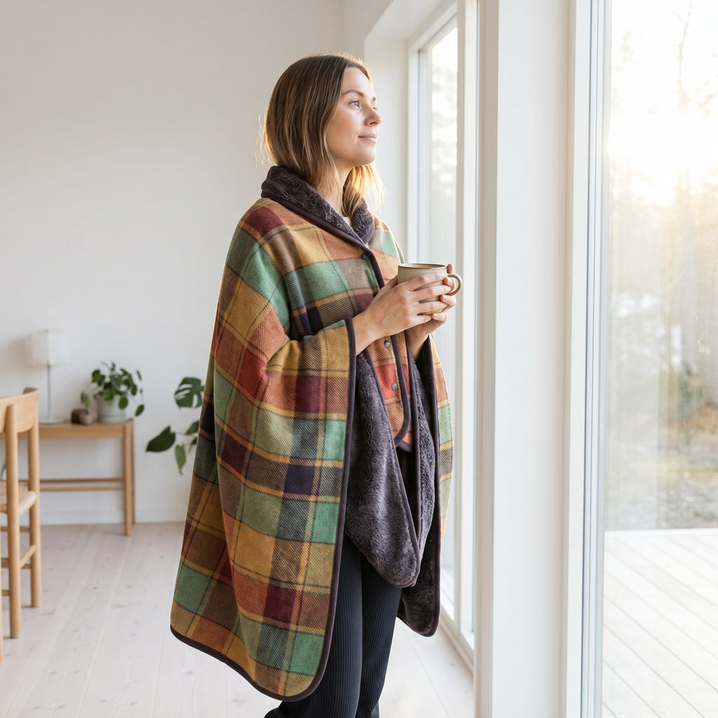 Poncho plaid à carreaux multicolores, porté par une femme debout regardant par une grande fenêtre.