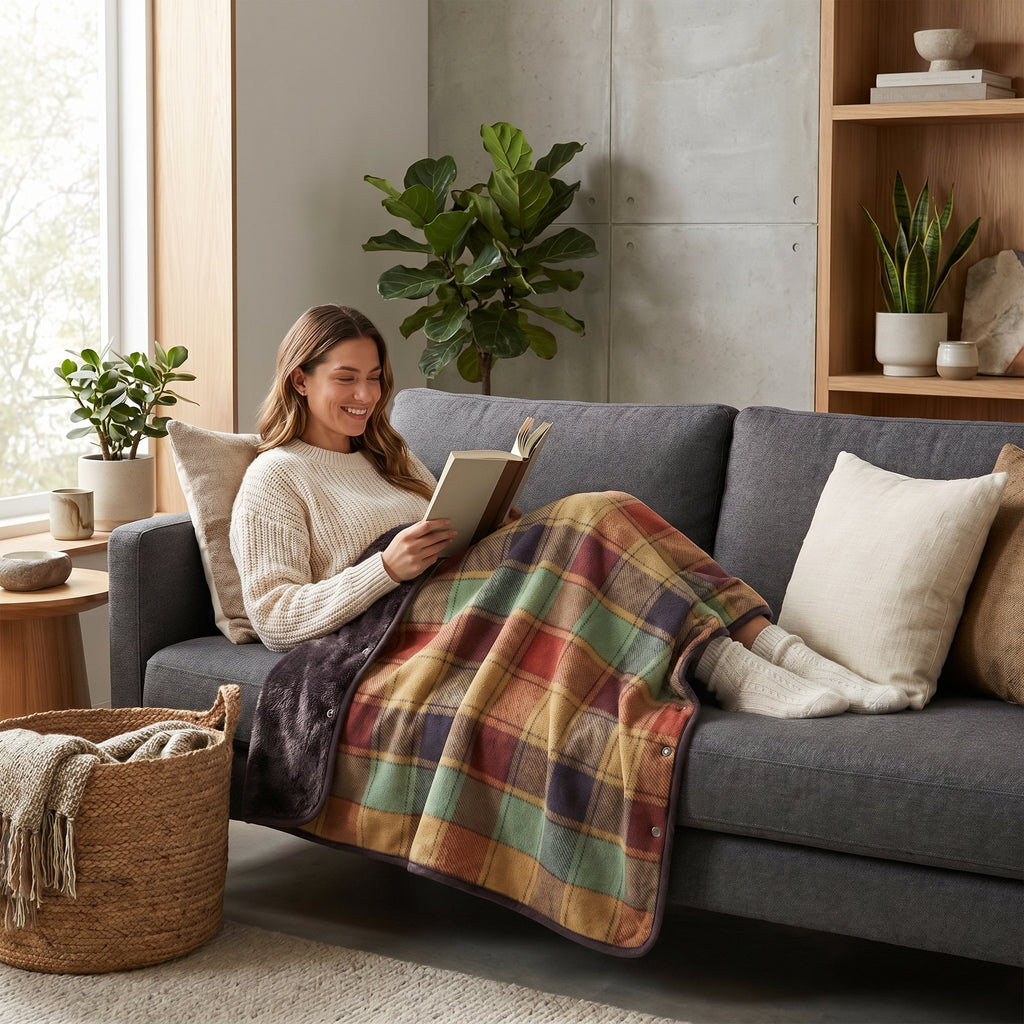 Poncho plaid à carreaux multicolores, utilisé comme couverture par une femme allongée sur un canapé.