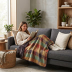 Poncho plaid à carreaux multicolores, utilisé comme couverture par une femme allongée sur un canapé.