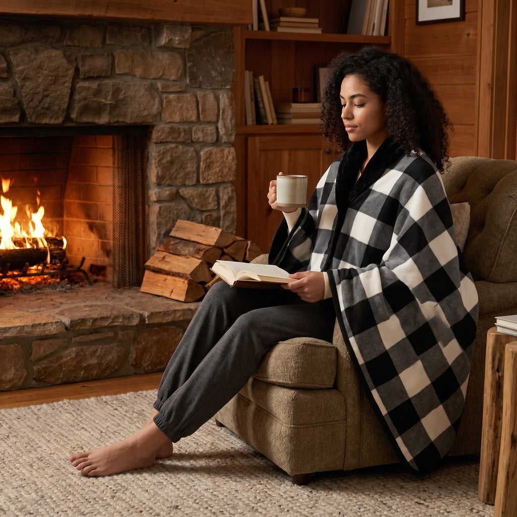 Poncho plaid à carreaux noir et blanc porté par une femme lisant un livre près d'une cheminée allumée.