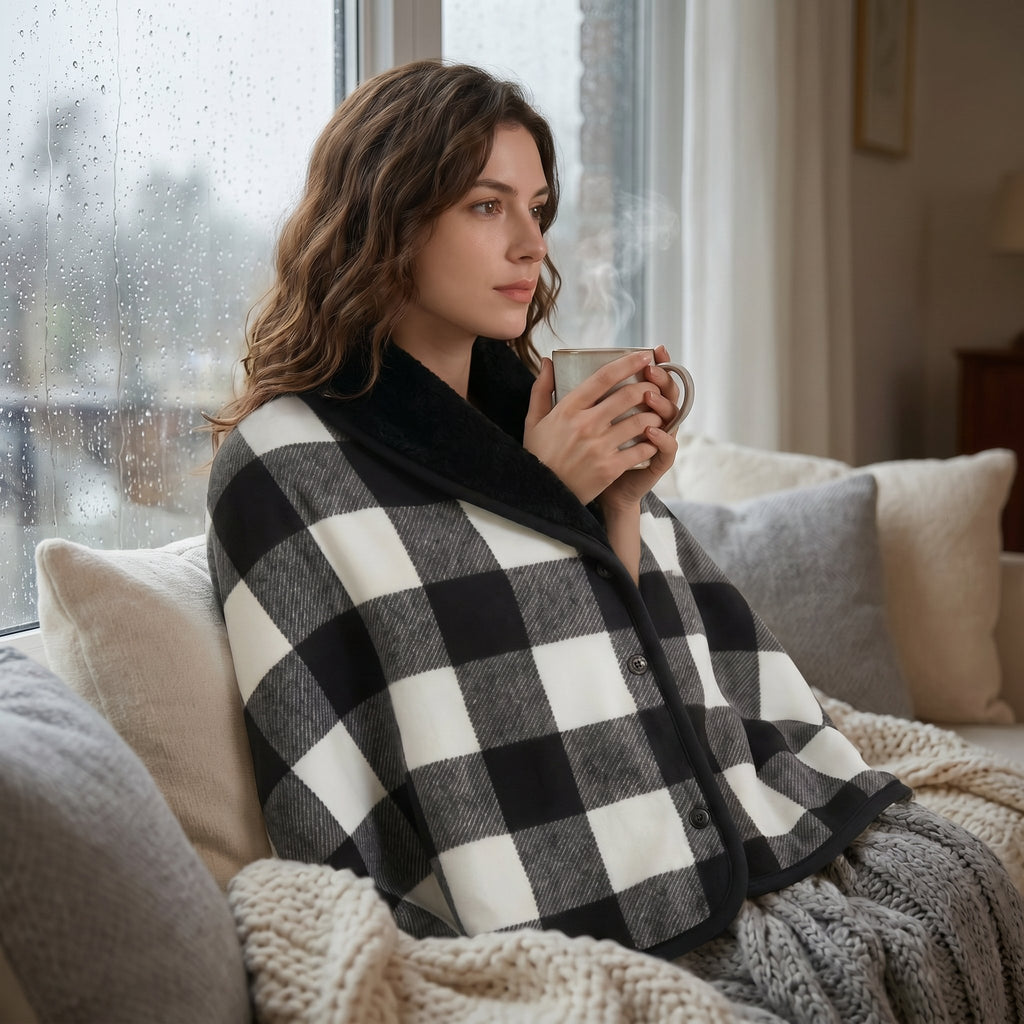 Poncho plaid à carreaux noir et blanc porté par une femme assise sur un canapé près d'une fenêtre pluvieuse.