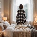 Poncho plaid à carreaux noir et blanc porté par une femme de dos, regardant par la fenêtre d'une chambre.