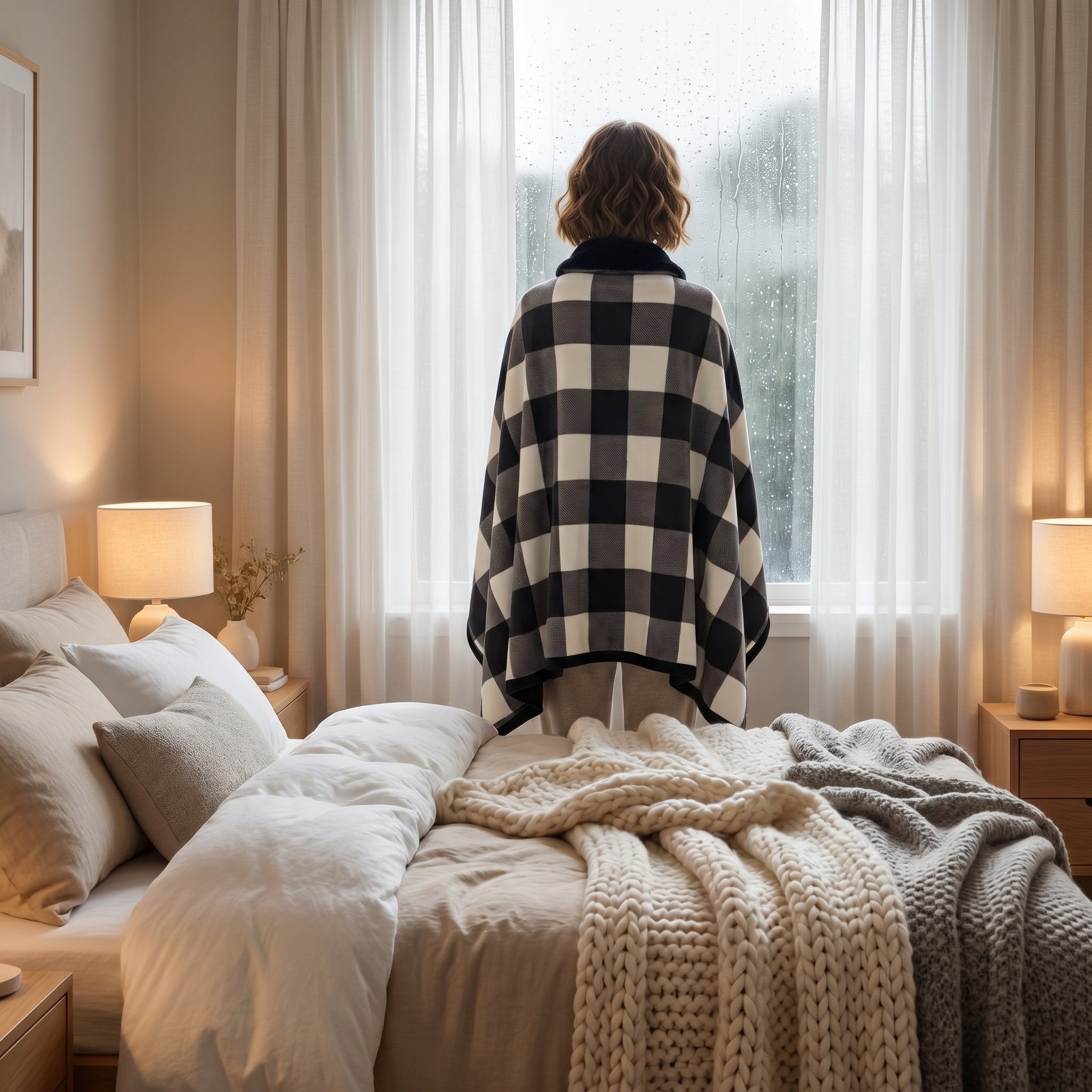 Poncho plaid à carreaux noir et blanc porté par une femme de dos, regardant par la fenêtre d'une chambre.
