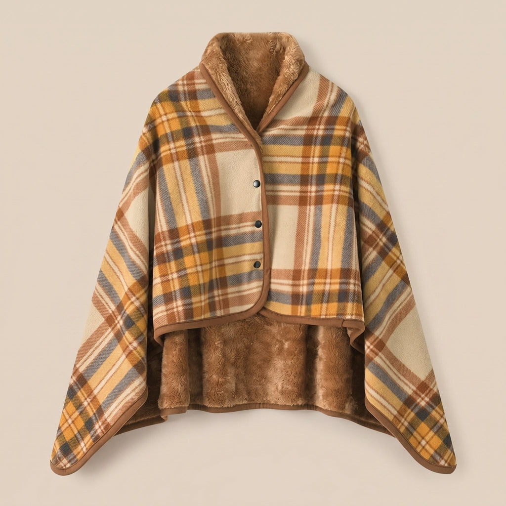Poncho plaid à carreaux ocre posé à plat, montrant l'intérieur en fausse fourrure marron.