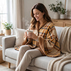Poncho plaid à carreaux ocre porté par une femme souriante assise sur un canapé, tenant une tasse fumante.