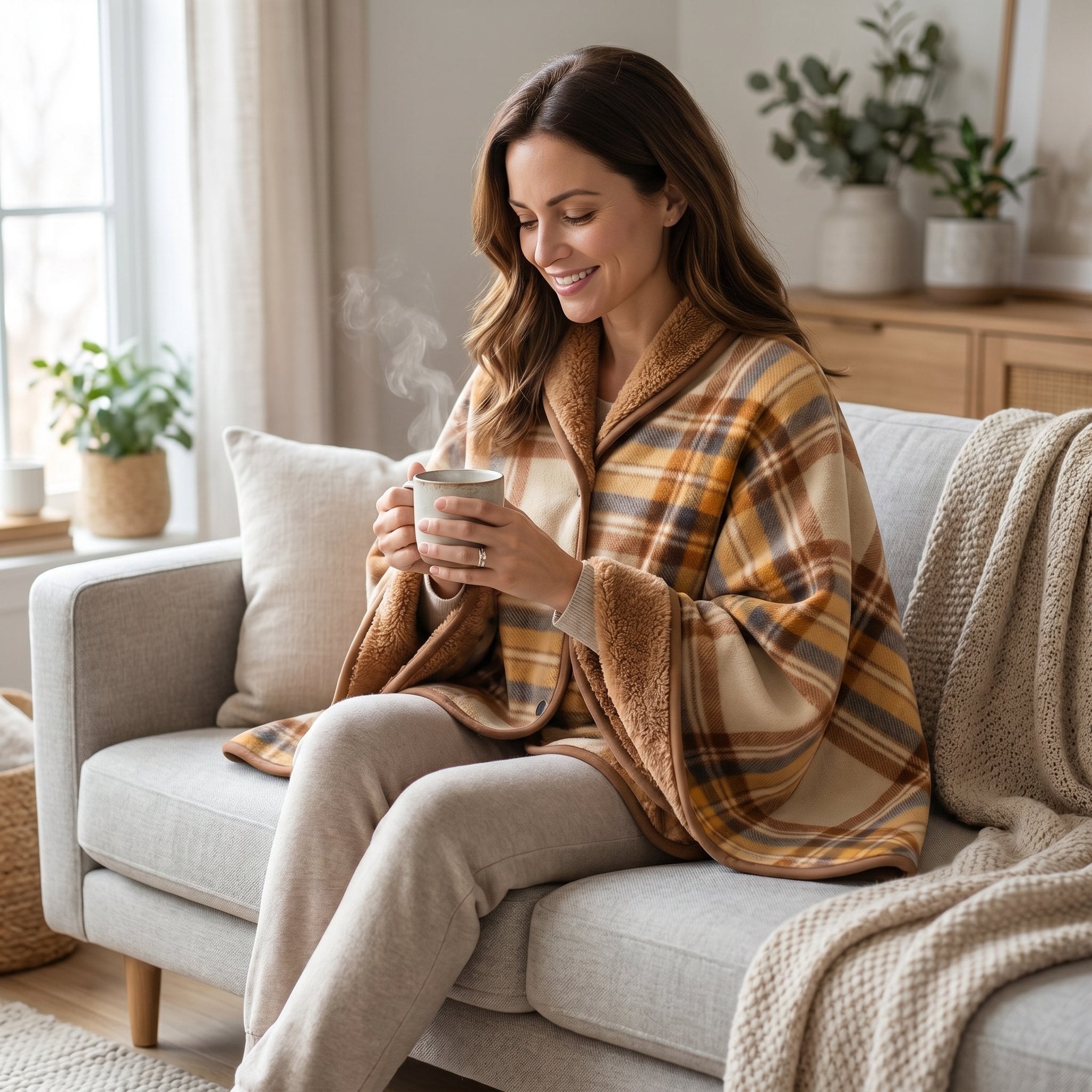 Poncho plaid à carreaux ocre porté par une femme souriante assise sur un canapé, tenant une tasse fumante.