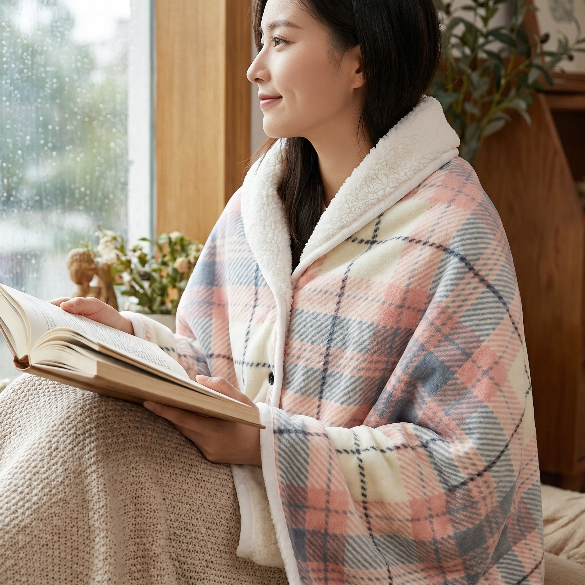 Poncho plaid à carreaux pastel porté par une femme lisant un livre près d'une fenêtre lumineuse.