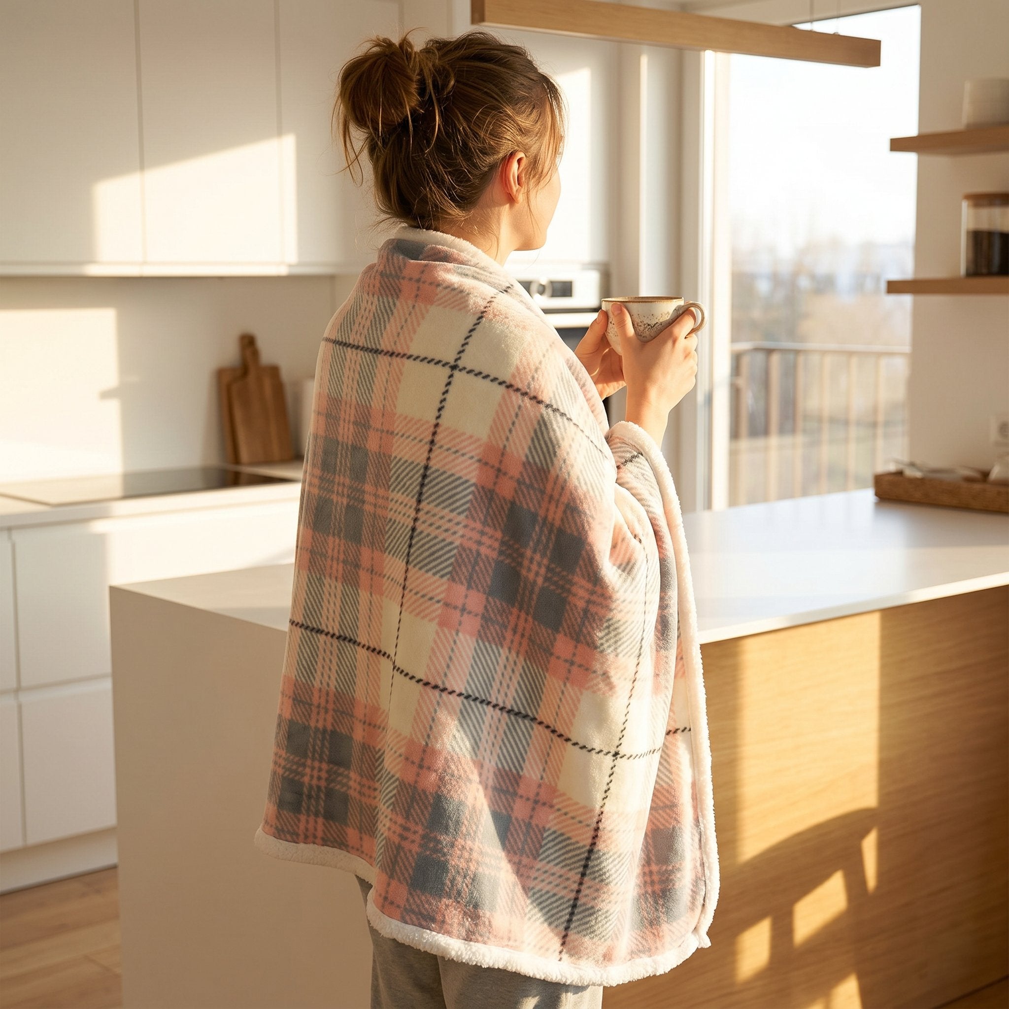 Poncho plaid à carreaux pastel vu de dos sur une femme tenant une tasse dans une cuisine moderne et lumineuse.