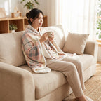 Poncho plaid à carreaux pastel enveloppant une femme assise confortablement sur un canapé, tenant une boisson chaude.
