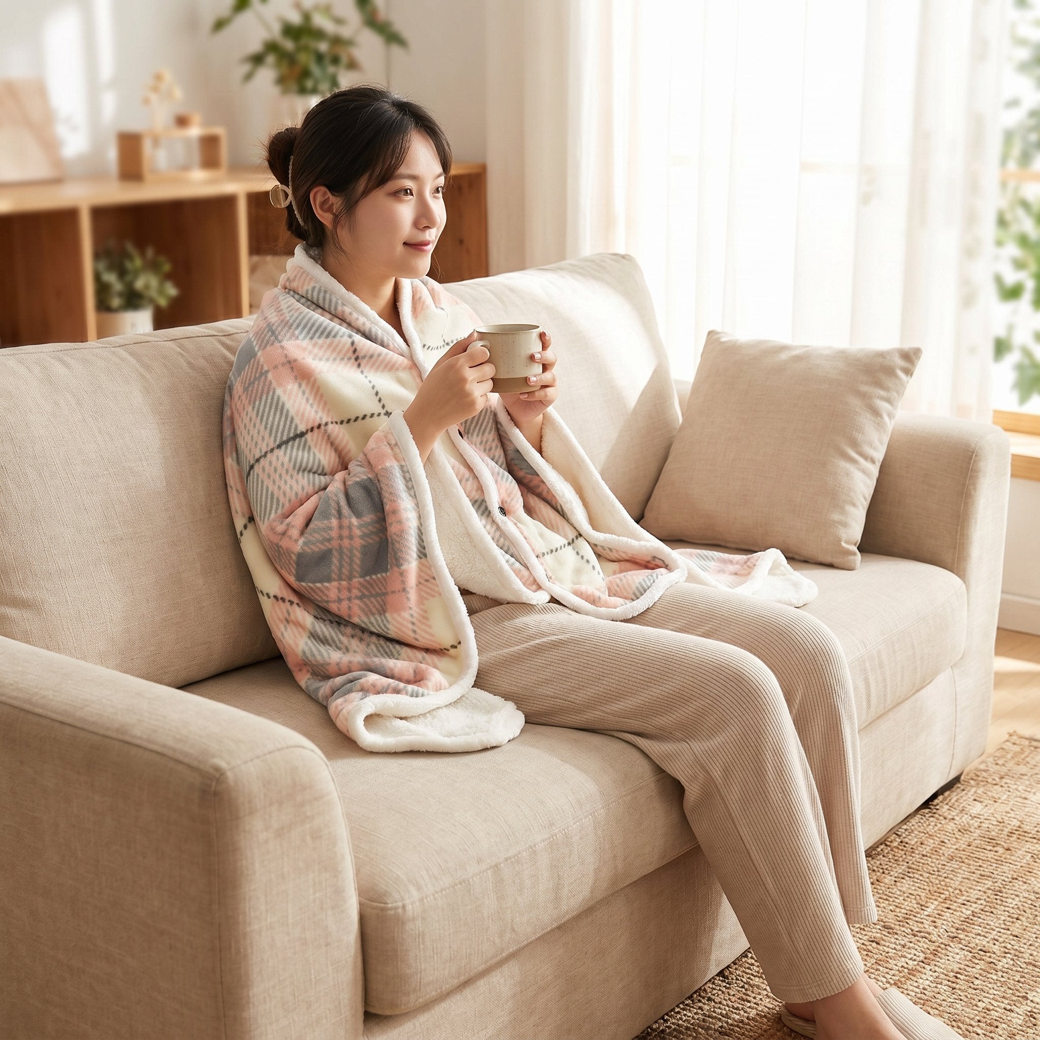 Poncho plaid à carreaux pastel enveloppant une femme assise confortablement sur un canapé, tenant une boisson chaude.
