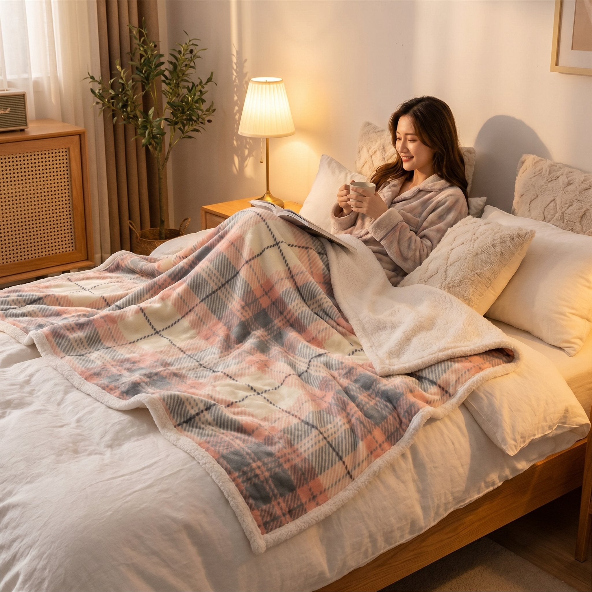 Poncho plaid à carreaux pastel déployé sur un lit, couvrant une femme lisant un livre et buvant une boisson chaude.