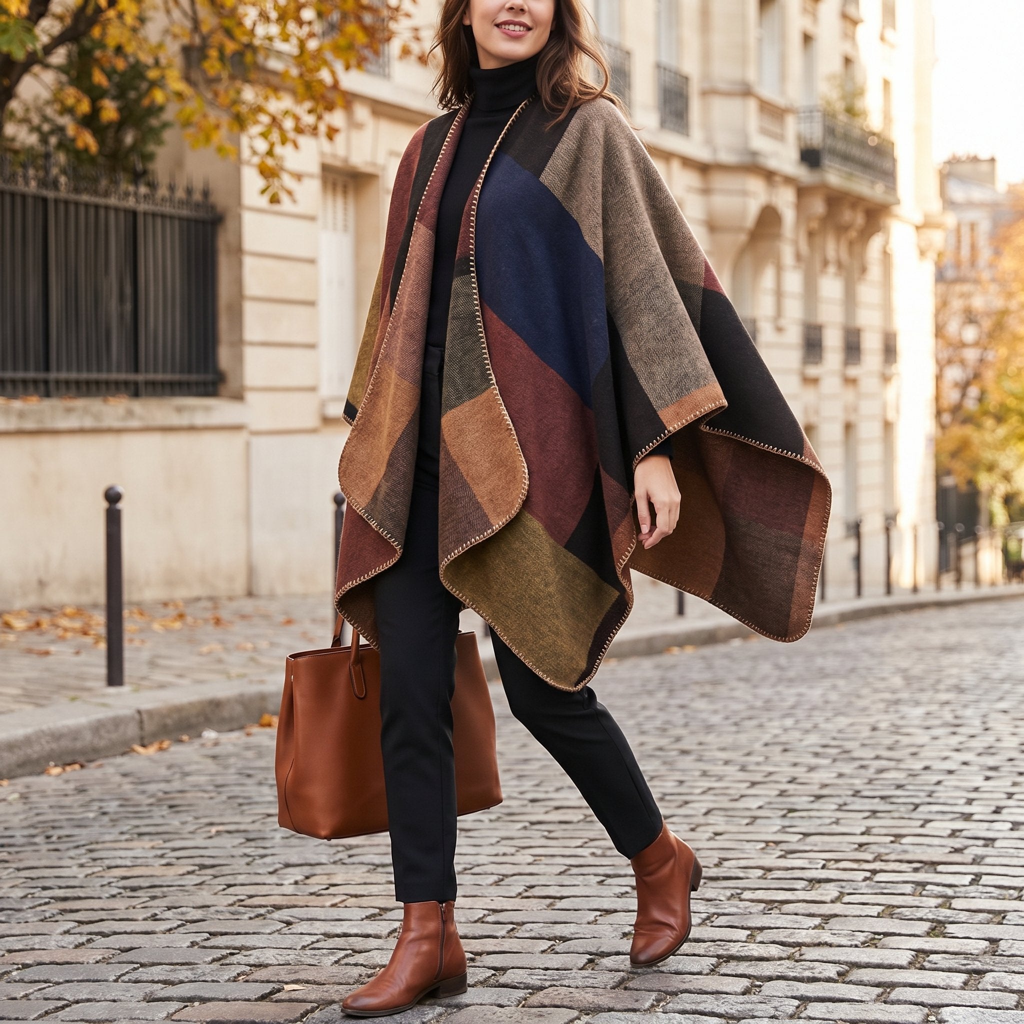 Poncho plaid colorblock camel porté par une femme souriante marchant dans une rue pavée en automne.