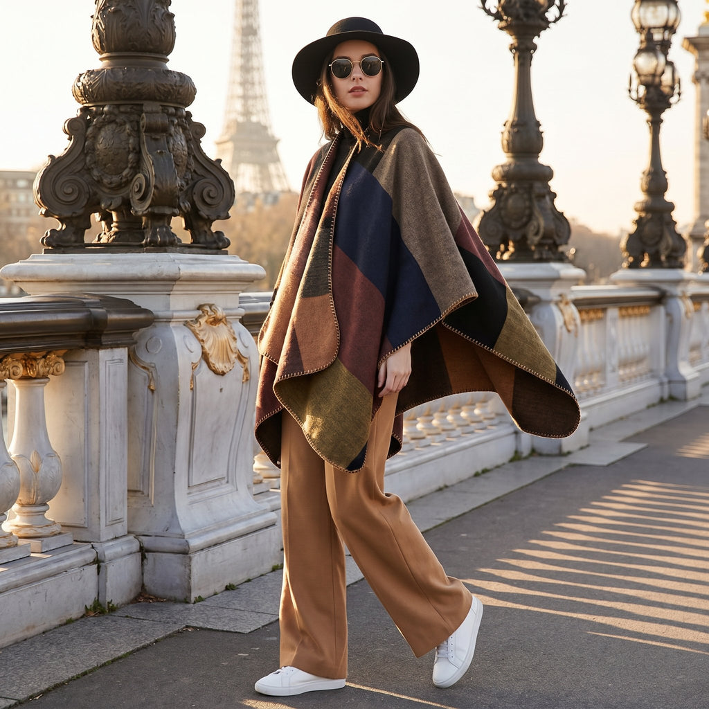 Poncho plaid colorblock camel porté par une femme marchant sur un pont, vue de face, avec un monument emblématique en fond.