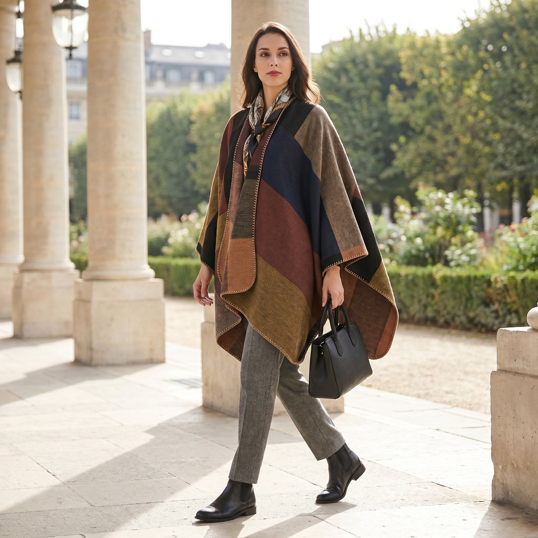 Poncho plaid colorblock camel porté par une femme marchant élégamment sous une colonnade en plein jour.