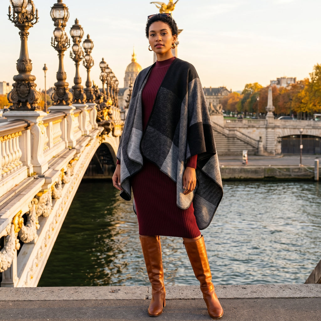 Poncho plaid colorblock gris porté par une femme posant sur un pont en pierre au bord de l'eau.