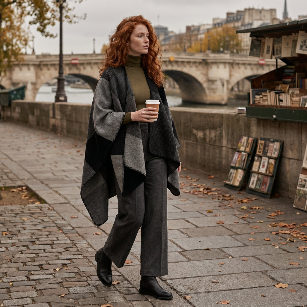 Poncho plaid colorblock gris porté par une femme marchant le long d'un quai avec une tasse.