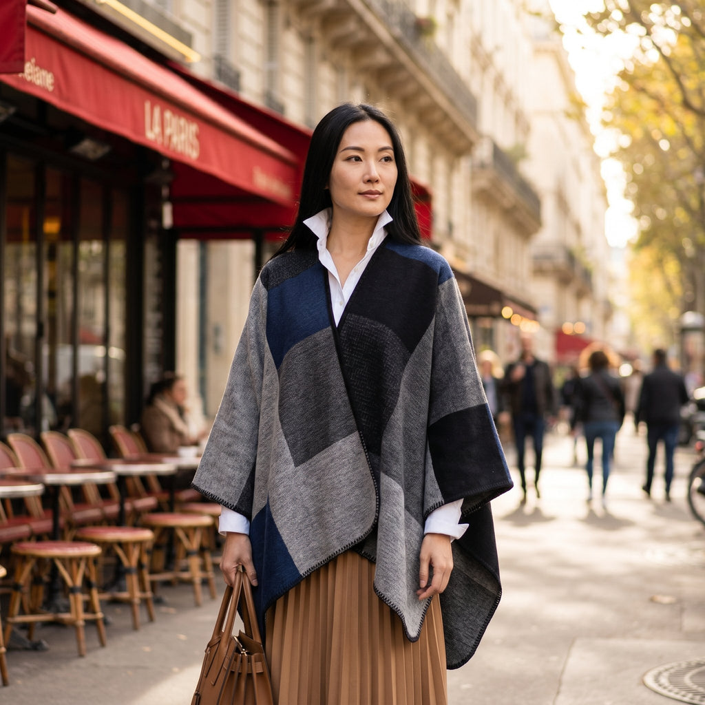Poncho plaid colorblock gris porté par une femme posant sur un trottoir devant un café.