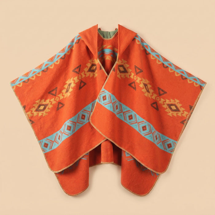 Poncho plaid à capuche motif géométrique, présenté de face et déplié sur un fond uni.