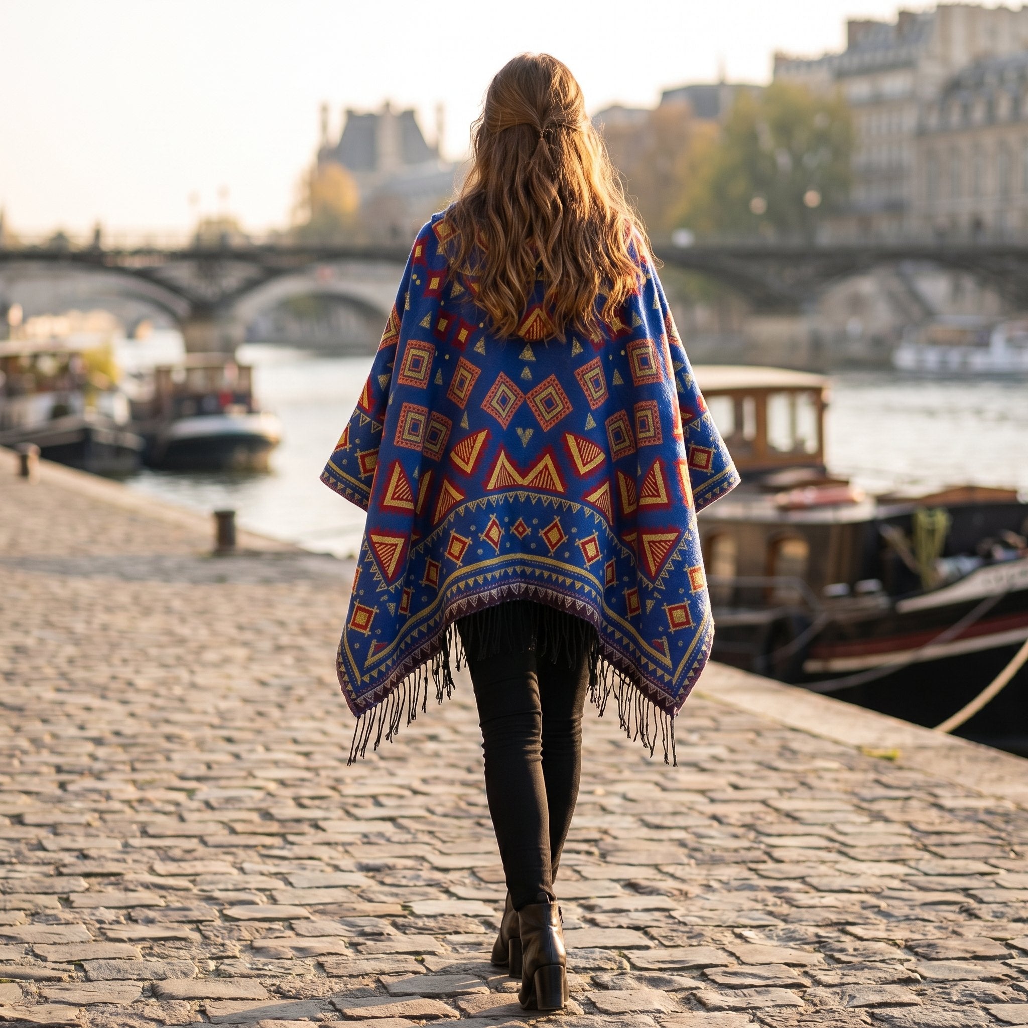 Poncho plaid à capuche motif coloré, porté par une femme de dos marchant le long d'une berge avec des bateaux.