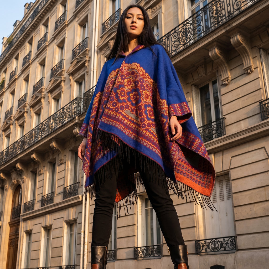Poncho plaid à capuche motif floral, porté par une femme posant devant un grand bâtiment haussmannien.