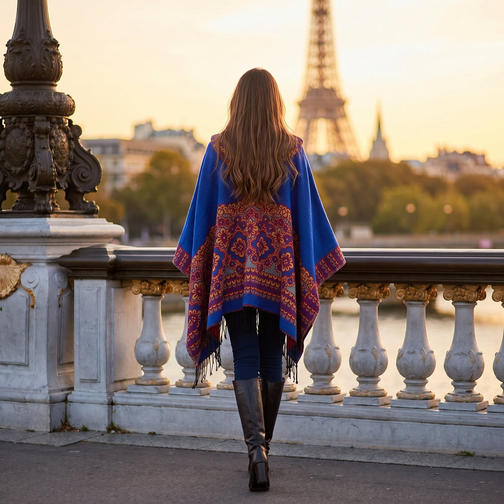 Poncho plaid à capuche motif floral, porté par une femme de dos marchant sur un pont au coucher du soleil.