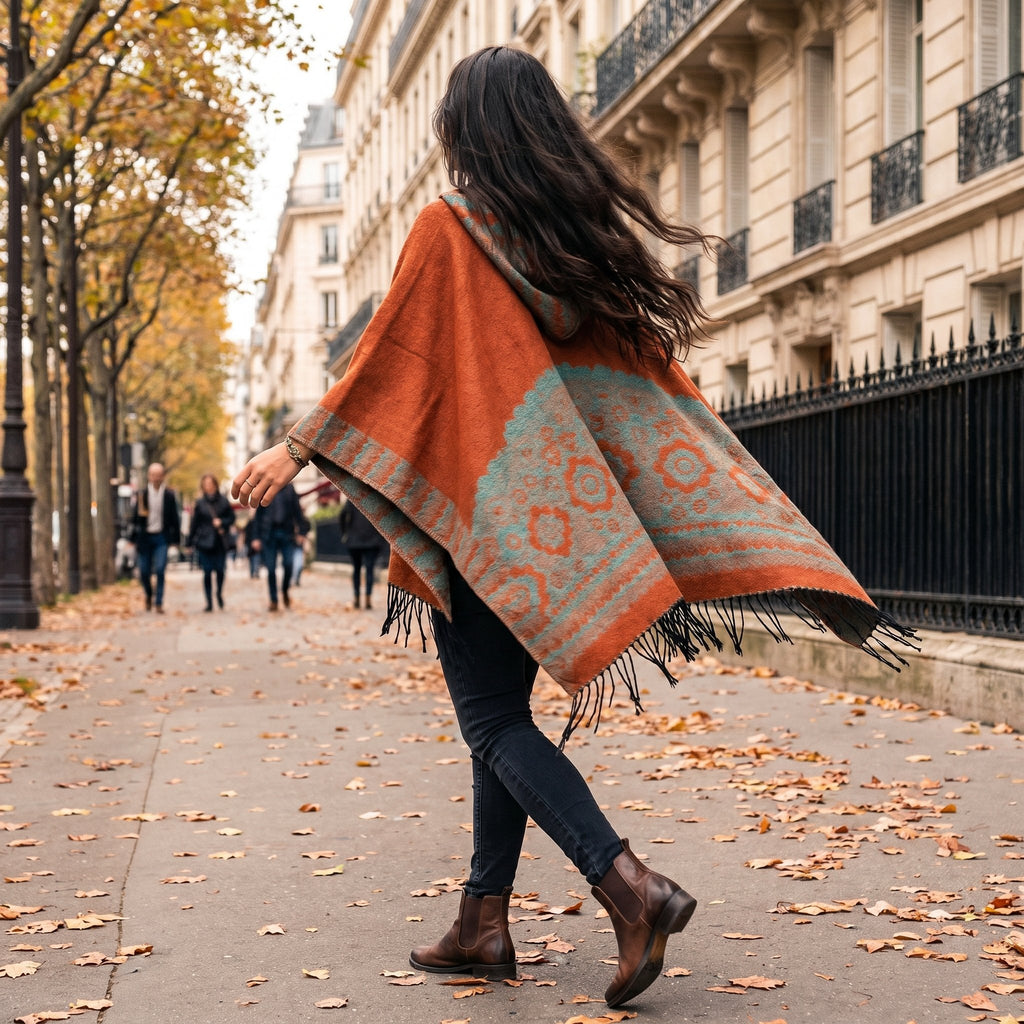 Poncho plaid à capuche motif bicolore, porté par une femme de côté marchant sur un trottoir bordé d'arbres.
