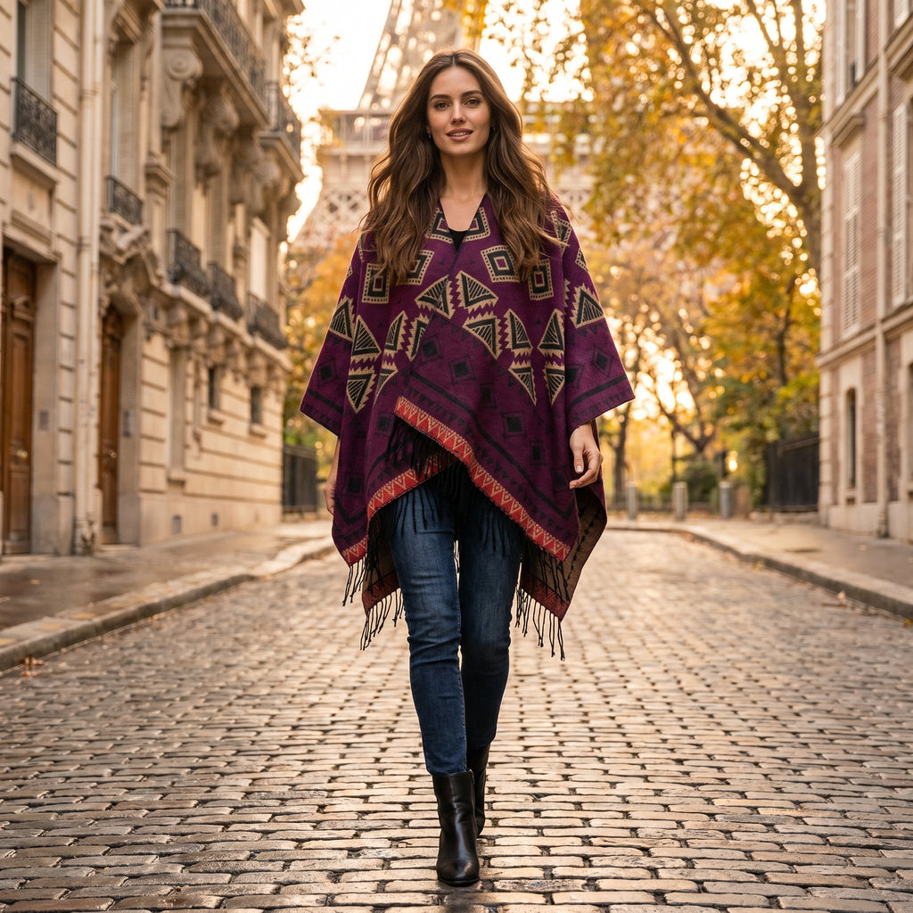 Poncho plaid à capuche motif violet, porté par une femme de face marchant sur une rue pavée en ville.