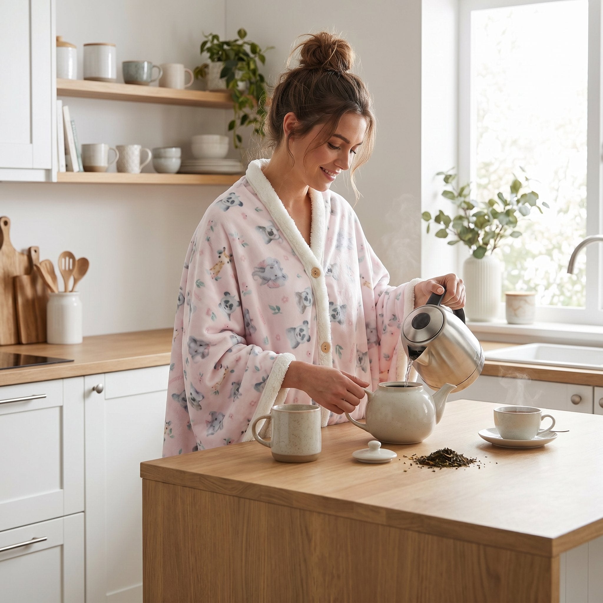 Poncho plaid koalas et fleurs, porté de dos par une femme préparant du thé dans une cuisine.