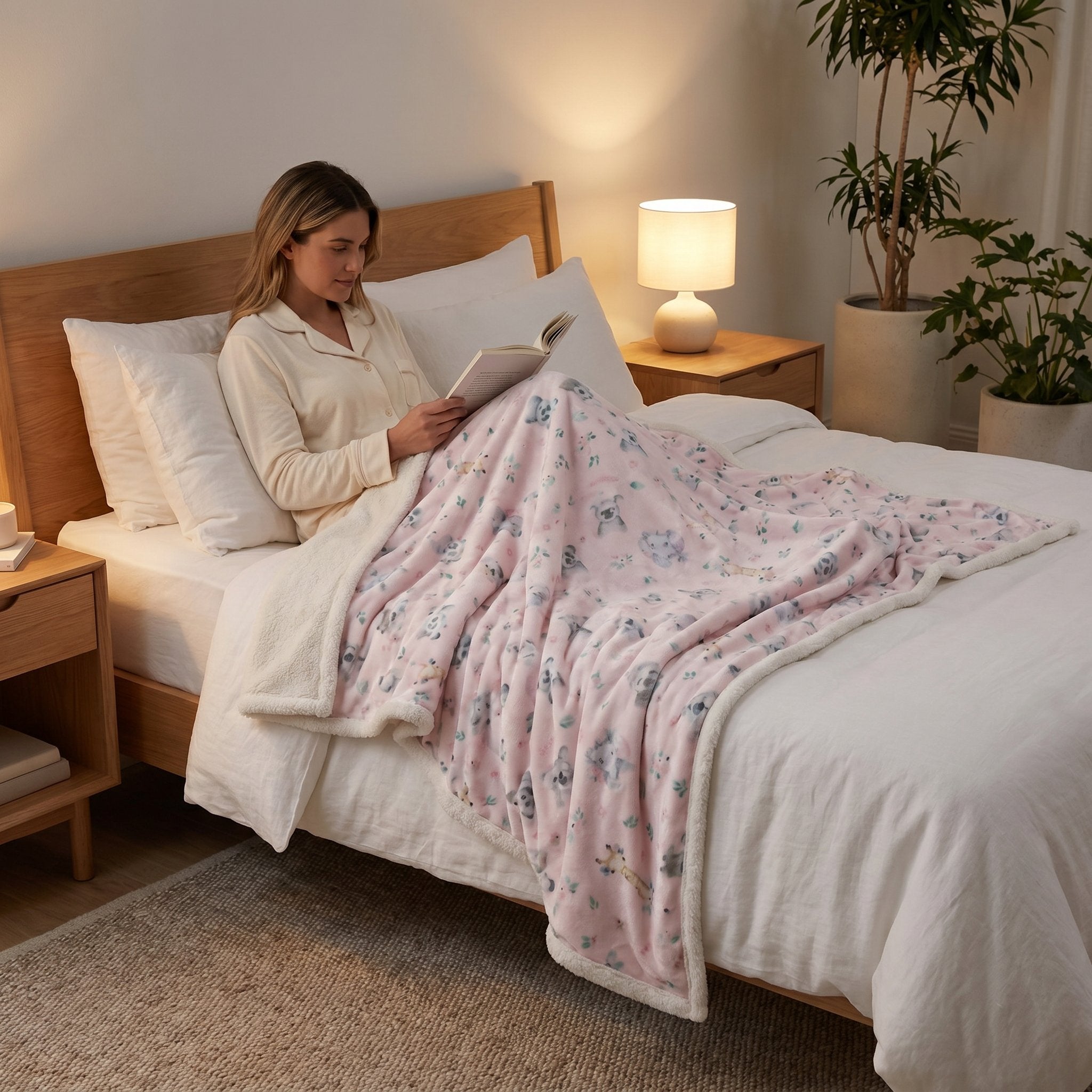 Poncho plaid koalas et fleurs, porté par une femme assise, une tasse à la main.